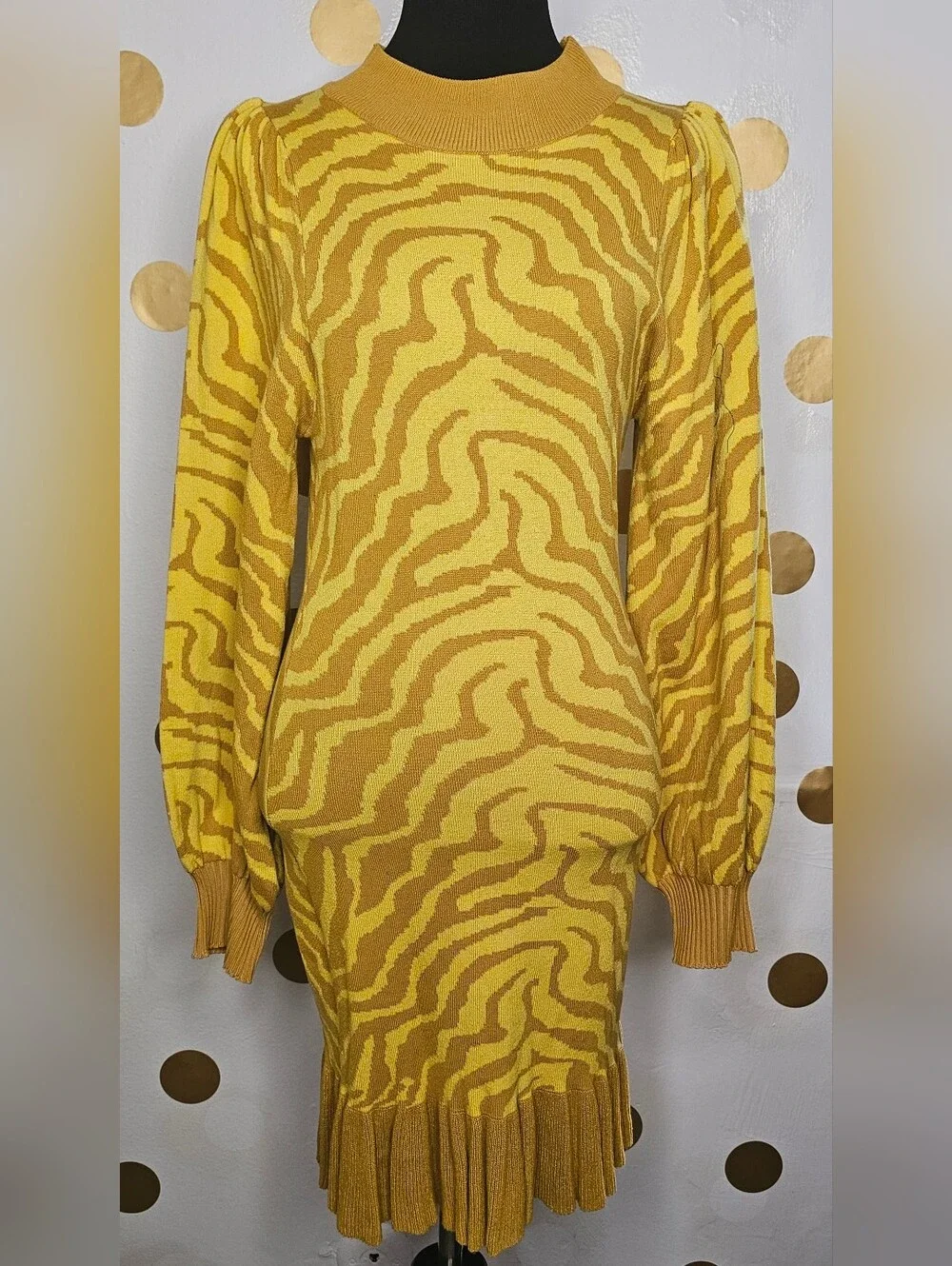 SHEIN Yellow Zebra-Print Pleated Hem Knit Mini Dress - Size Small - Picture 3 of 6